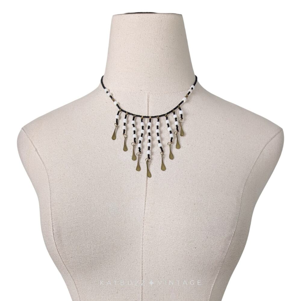 Vintage Beaded Statement Necklace 17" Black White Brass 90s Boho Tribal Hippie